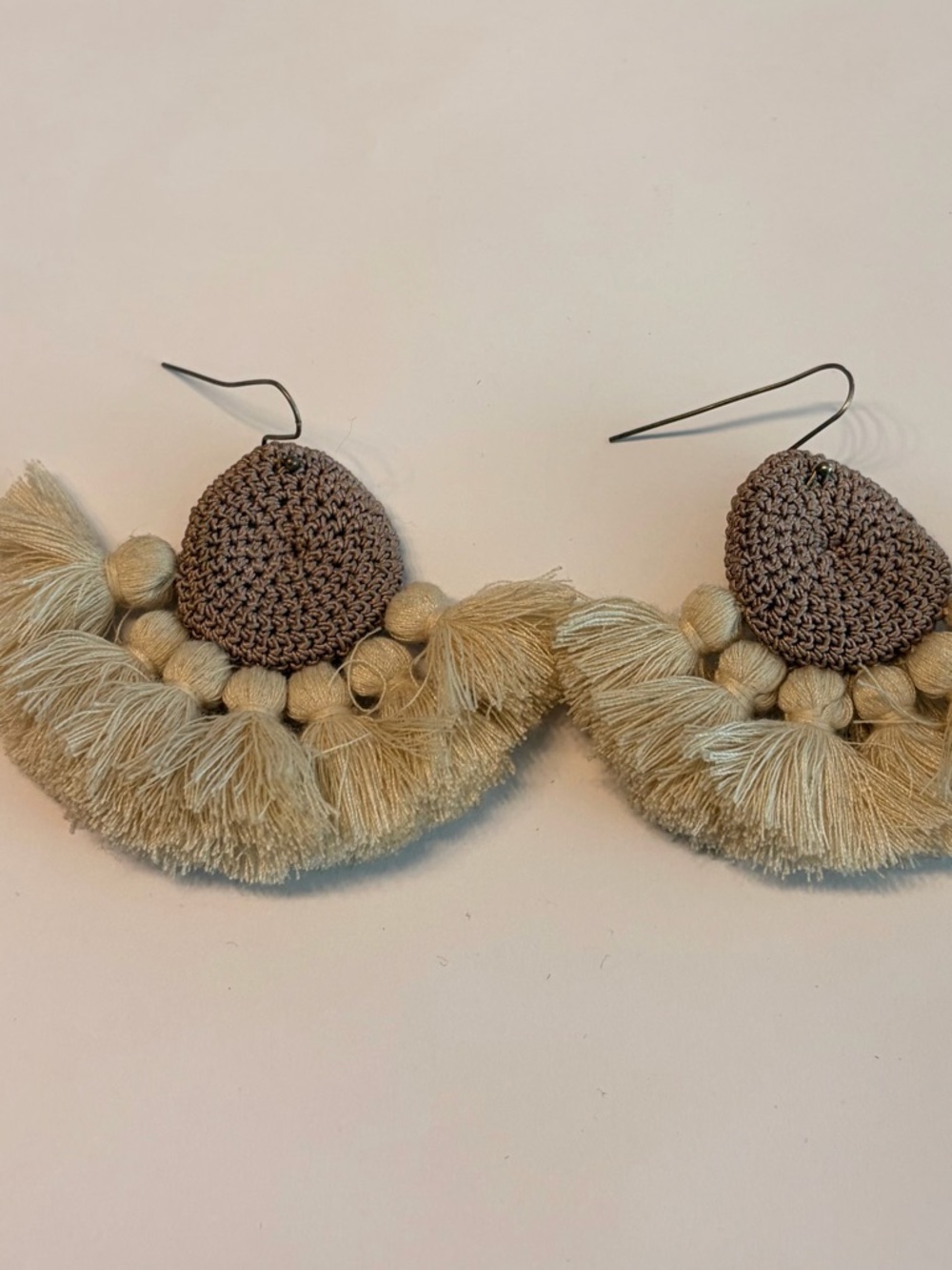 Handmade Beige Tassel Fan Earrings